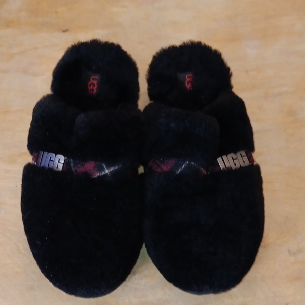 UGG Black Fuzzy Slippers with Plaid Accent